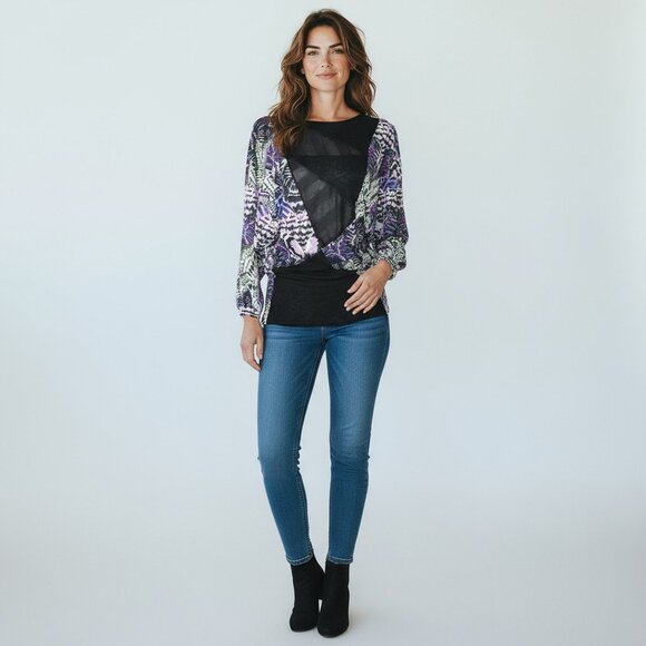 Custo Barcelona Asymmetrical Tunic Top or Mini Dress Small Black Purple Floral - Picture 2 of 4